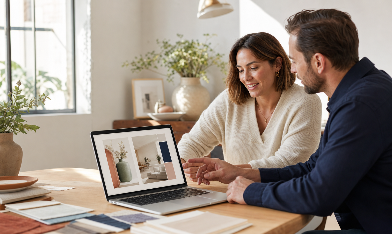 A business owner and web designer reviewing a new website together