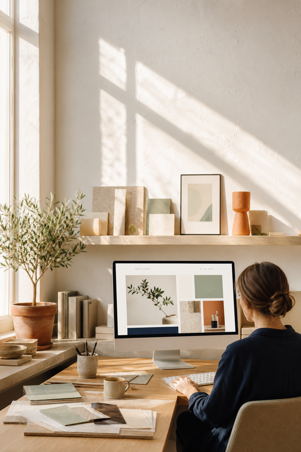 A designer at work on a professional website in a bright studio